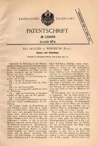 Original Patentschrift - Eli Jagger in Werneth , England , 1901 , Riemen- und Seilaufleger !!!