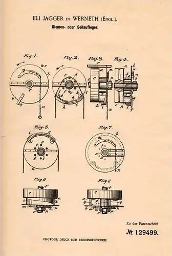 Original Patentschrift - Eli Jagger in Werneth , England , 1901 , Riemen- und Seilaufleger !!!