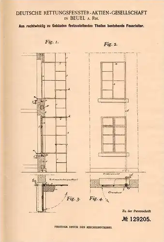 Original Patentschrift - Rettungsfenster AG in Beuel b. Bonn , 1899 , Feuerleiter für Fenster , Fensterbau , Feuerwehr !