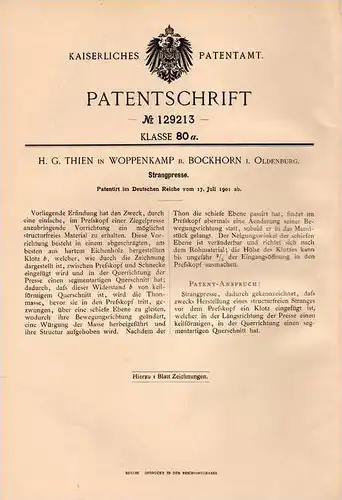 Original Patentschrift - H.G. Thien in Woppenkamp b. Bockhorn , 1901 , Strangpresse , Presse , Oldenburg !!!