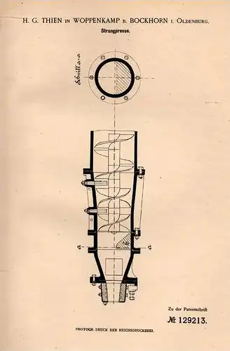 Original Patentschrift - H.G. Thien in Woppenkamp b. Bockhorn , 1901 , Strangpresse , Presse , Oldenburg !!!