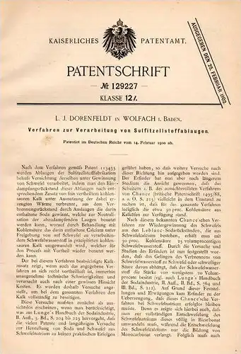 Original Patentschrift - L. Dorenfeldt in Wolfach i. Baden , 1900 , Verarbeitung von Sulfit - Zellstoff !!!