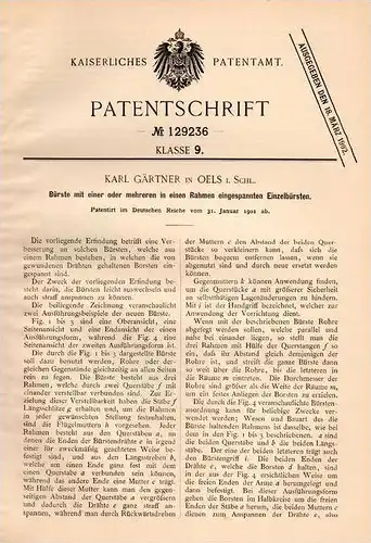 Original Patentschrift - K. Gärtner in Oels / Olesnica i. Schlesien , 1901 , Bürste mit Einzelbürsten  !!!