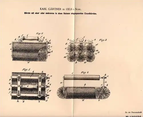 Original Patentschrift - K. Gärtner in Oels / Olesnica i. Schlesien , 1901 , Bürste mit Einzelbürsten  !!!