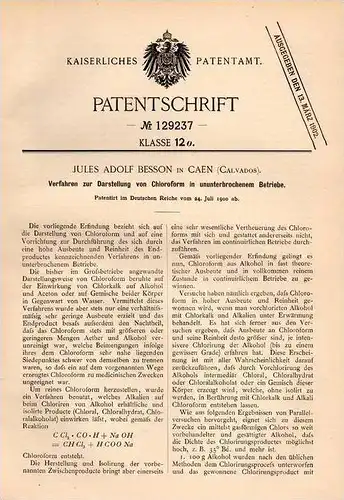 Original Patentschrift - J. Besson in Caen , Calvados , 1900 , Darstellung von Chloroform , Chimie , Chemie !!!
