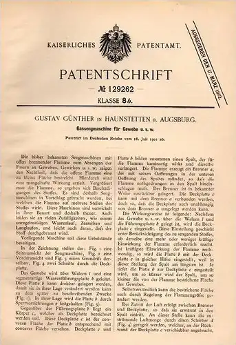 Original Patentschrift - G. Günther in Haunstetten b. Augsburg , 1901 , Gassengmaschine für Gewebe !!!