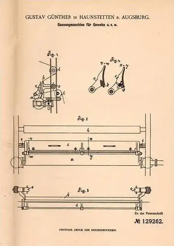 Original Patentschrift - G. Günther in Haunstetten b. Augsburg , 1901 , Gassengmaschine für Gewebe !!!