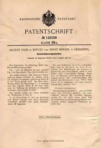 Original Patentschrift -  E. Möller und A. Filss in Gehlberg und Erfurt , 1900 , Horn - Zerkleinerungsmaschine , Ilmenau