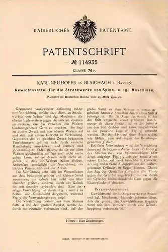 Original Patentschrift - K. Neuhofer in Blaichach i. Bayern , 1900 , Sattel für Spinnmaschinen , Spinnerei !!!
