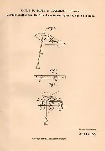 Original Patentschrift - K. Neuhofer in Blaichach i. Bayern , 1900 , Sattel für Spinnmaschinen , Spinnerei !!!