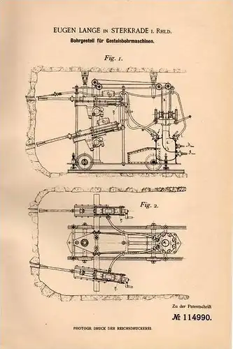 Original Patentschrift - E. Lange in Sterkrade i. Rhld., 1899 , Gestein - Bohrmaschine , Tunnelbau , Bergbau , Tunnel !!