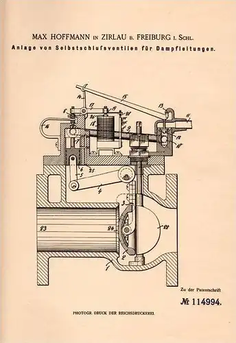 Original Patentschrift - M. Hoffmann in Zirlau b. Freiburg , 1899 , Anlage für Dampfkessel , Dampfmaschine , Schweidnitz