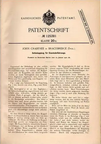 Original Patentschrift - J. Crabtree in Bracebridge , England , 1901 , coupling for railroad , train !!!