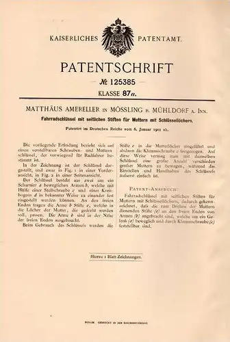 Original Patentschrift - M. Amereller in Mössling b. Mühldorf a. Inn , 1901 , Fahrrad - Schlüssel , Fahrradschloß !!!