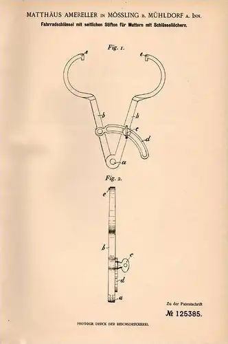 Original Patentschrift - M. Amereller in Mössling b. Mühldorf a. Inn , 1901 , Fahrrad - Schlüssel , Fahrradschloß !!!