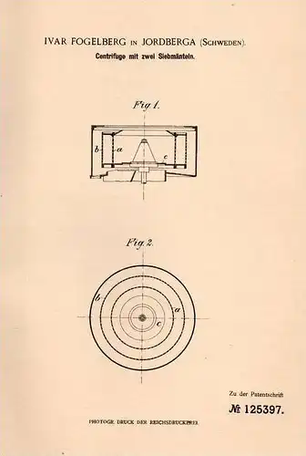 Original Patentschrift - Ivar Fogelberg in Jordberga , 1900 , Centrifuge , Kristall , Krystall !!!