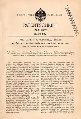 Original Patentschrift - Fritz Denk in Jungbunzlau , 1898 , Herstellung von Leder - Schmiere , Mladá Boleslav !!!