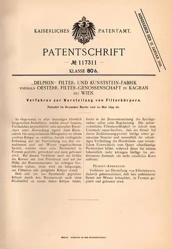 Original Patentschrift -  "Delphin" Filterfabrik in Kagran b. Wien , 1899 , Herstellung von Filtekörpern , Filter !!!