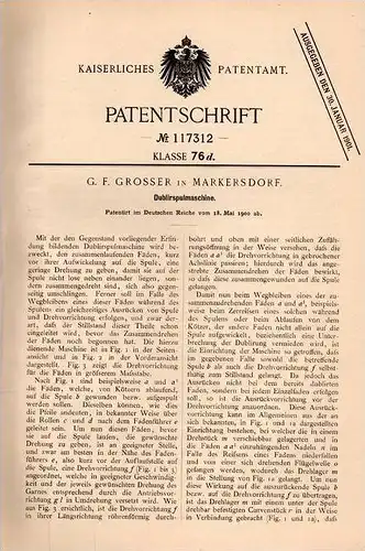 Original Patentschrift - G.F. Grosser in Markersdorf i.S., 1900 , Duplir - Spulmaschine !!!