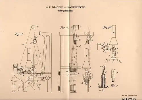 Original Patentschrift - G.F. Grosser in Markersdorf i.S., 1900 , Duplir - Spulmaschine !!!