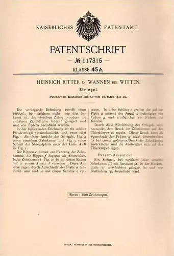Original Patentschrift - H. Ritter in Wannen b. Witten , 1900 , Striegel für Pferde , Pferd , Striegeln !!!