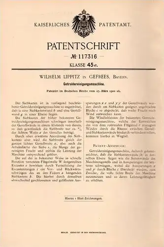 Original Patentschrift - W. Lippitz in Gefrees , Bayern , 1900 , Getreide - Reinigungsmaschine , Landwirtschaft , Agrar