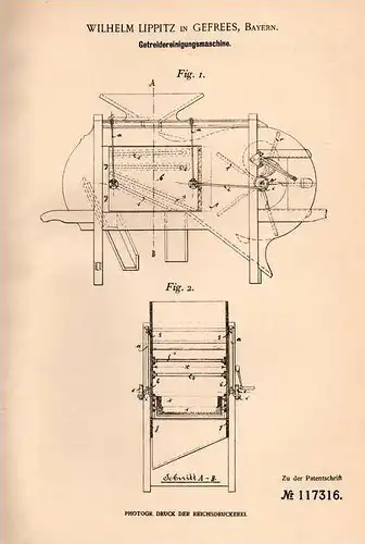 Original Patentschrift - W. Lippitz in Gefrees , Bayern , 1900 , Getreide - Reinigungsmaschine , Landwirtschaft , Agrar