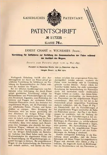 Original Patentschrift - E. Charié in Wignehies , 1899 , Appareil pour machine à filer !!!