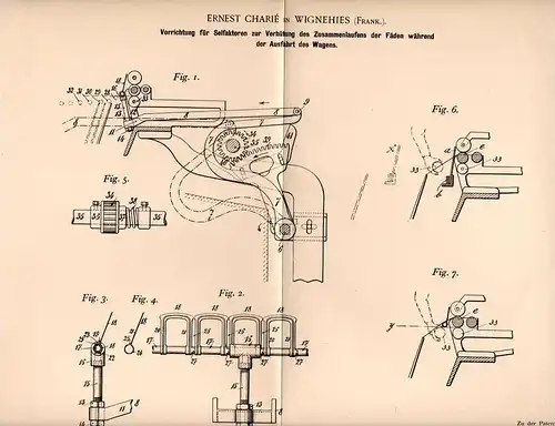 Original Patentschrift - E. Charié in Wignehies , 1899 , Appareil pour machine à filer !!!