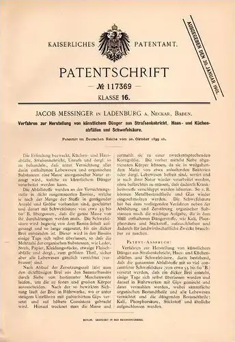 Original Patentschrift - J. Messinger in Ladenburg a. Neckar , 1899 , Dünger aus Abfall , Entsorgung , Landwirtschaft !!