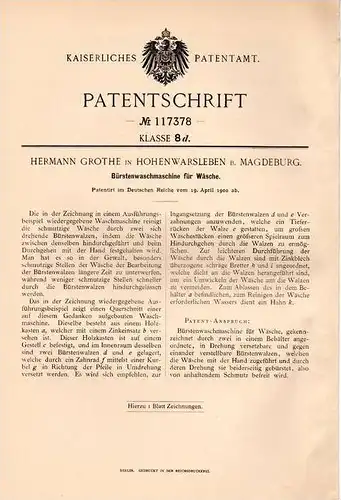 Original Patentschrift - H. Grothe in Hohenwarsleben b. Hohe Börde , 1900 , Waschmaschine für Wäsche , Wäscherei !!!