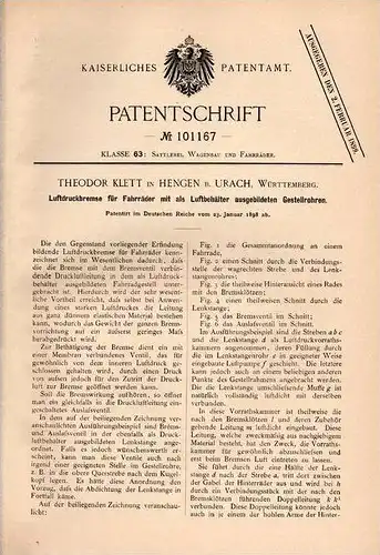 Original Patentschrift - Th. Klett in Hengen b. Urach , 1898 , Fahrrad - Luftdruckbremse , Fahrräder , Bremse !!!