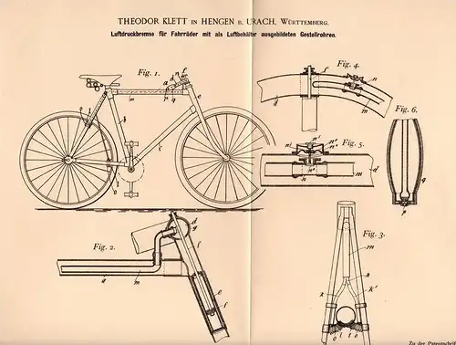 Original Patentschrift - Th. Klett in Hengen b. Urach , 1898 , Fahrrad - Luftdruckbremse , Fahrräder , Bremse !!!