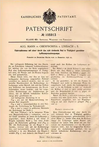 Original Patentschrift - A. Mann in Oberfrohna b. Limbach i.S., 1898, Fahrradbremse mit Compressor , Fahrrad , Kompessor