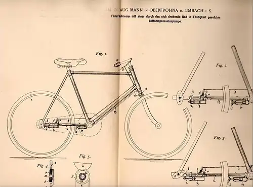 Original Patentschrift - A. Mann in Oberfrohna b. Limbach i.S., 1898, Fahrradbremse mit Compressor , Fahrrad , Kompessor