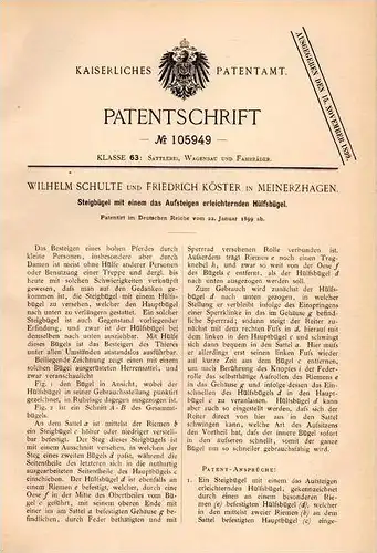 Original Patentschrift - W. Schulte und F. Köster in Meinerzhagen , 1899 , Steigbügel für Pferde , Pferd , Reiter  !!!