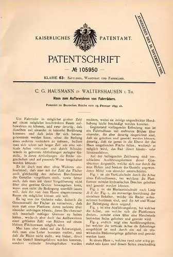 Original Patentschrift - C.G. Hausmann in Waltershausen i. Th., 1899, Fahrrad - Haus , Fahrradgarage , Fahrräder , Rad !