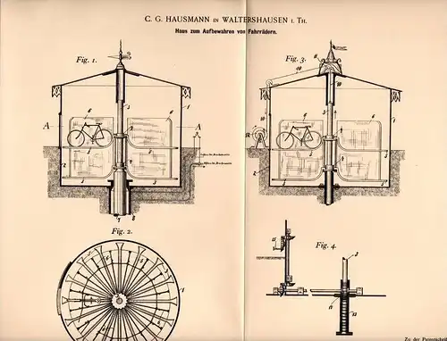 Original Patentschrift - C.G. Hausmann in Waltershausen i. Th., 1899, Fahrrad - Haus , Fahrradgarage , Fahrräder , Rad !