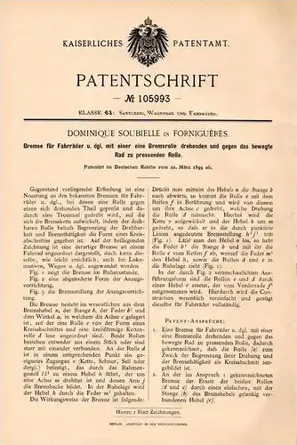 Original Patentschrift - D. Soubielle in Formiguéres , 1899 , Freins pour bicyclettes , vélos !!!