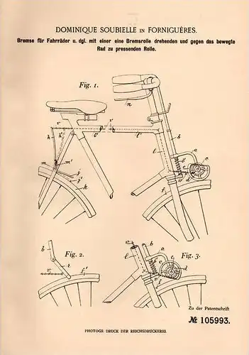 Original Patentschrift - D. Soubielle in Formiguéres , 1899 , Freins pour bicyclettes , vélos !!!