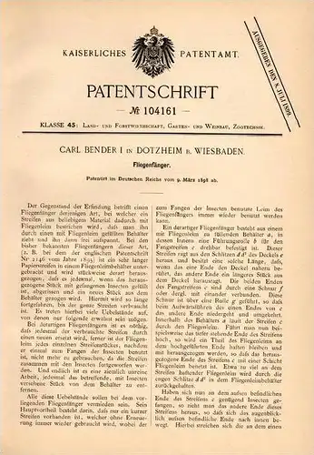 Original Patentschrift - Carl Bender in Dotzheim b. Wiesbaden , 1898 , Fliegenfänger , Fliegen , Fliege , Insekten !!!