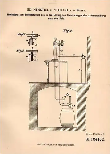 Original Patentschrift - E. Nenstiel in Vlotho a.d. Weser , 1898 , Bier - Apparat , Kneipe , Theke , Zapfanlage !!!