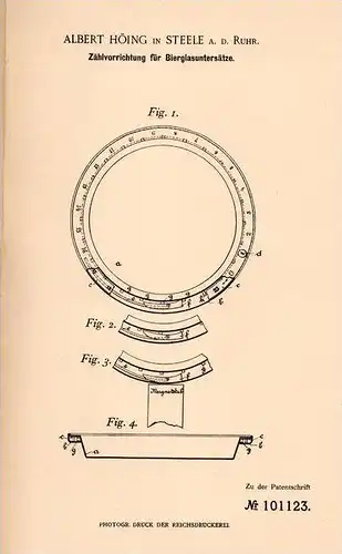 Original Patentschrift -  A. Höing in Steele a.d. Ruhr , 1898 , Zählapparat für Biergläser , Bier , Kneipe , Bar , Essen