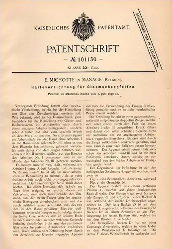 Original Patentschrift - E. Michotte in Manage , 1898 , Glasmacher - Pfeife , Halterung , Glas !!!