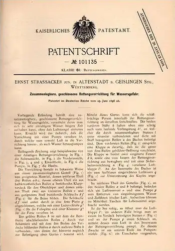 Original Patentschrift - E. Strassacker in Altenstadt b. Geislingen , Württ., 1896 , Rettungsapparat für Wasser , Seenot