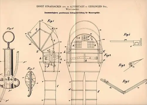 Original Patentschrift - E. Strassacker in Altenstadt b. Geislingen , Württ., 1896 , Rettungsapparat für Wasser , Seenot