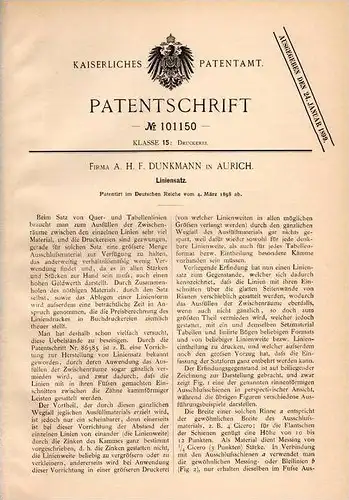 Original Patentschrift - A. Dunkmann in Aurich , 1898 , Liniensatz für Druckerei , Buchdruck , Bücherei , Druck !!!