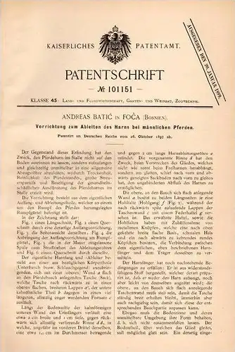 Original Patentschrift -  A. Batic in Foca , Bosnien , 1897 , Harn - Ableitung für Pferde , Pferd !!!