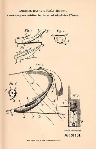 Original Patentschrift -  A. Batic in Foca , Bosnien , 1897 , Harn - Ableitung für Pferde , Pferd !!!