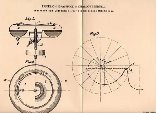 Original Patentschrift - F. Grasmück in Charlottenburg , 1900 , Schleuder zur Entrahmung von Milch , Butter , Magermilch